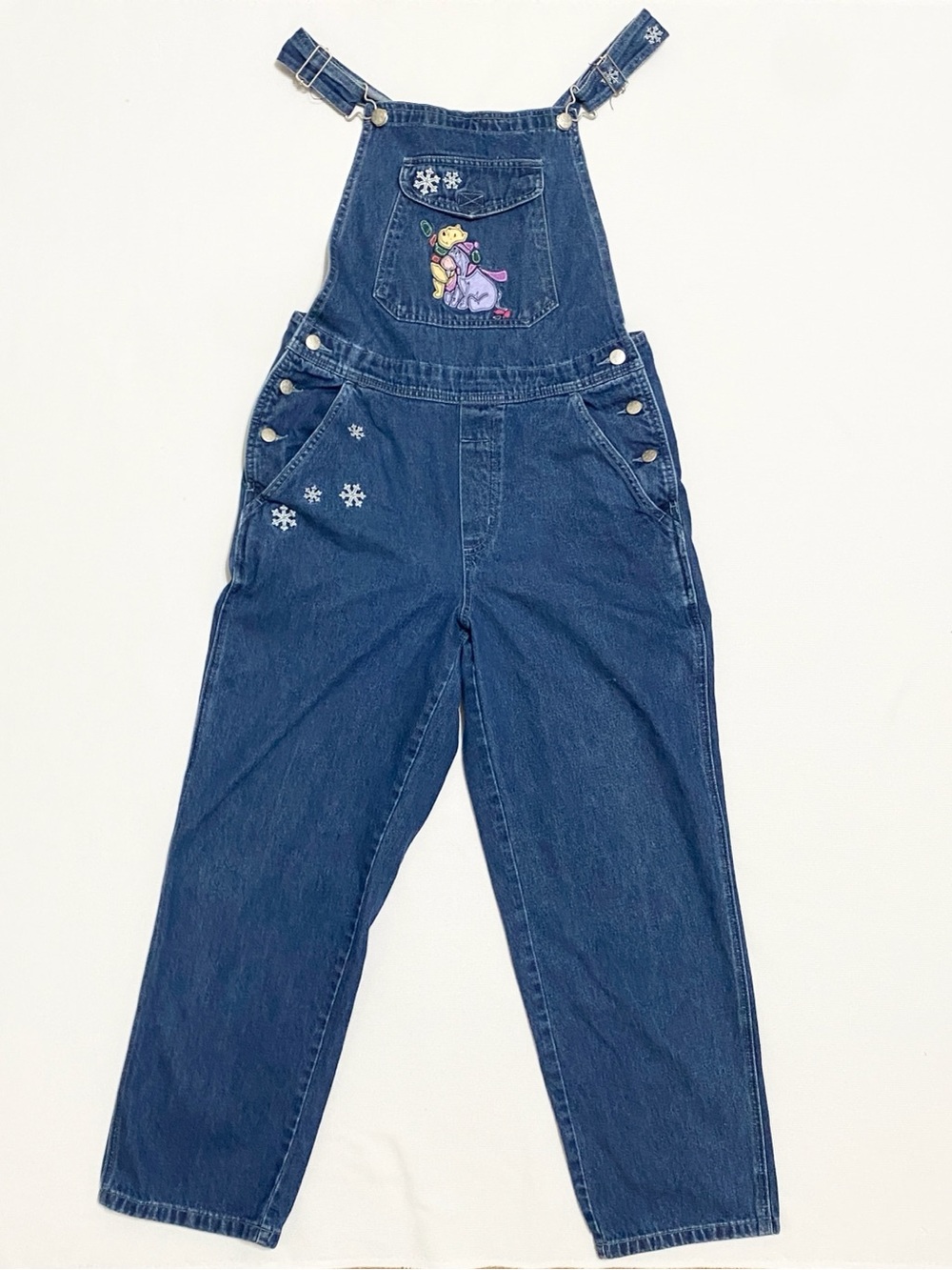 Vintage Disney Store Eeyore Pooh Snowflake Winter Denim Overalls